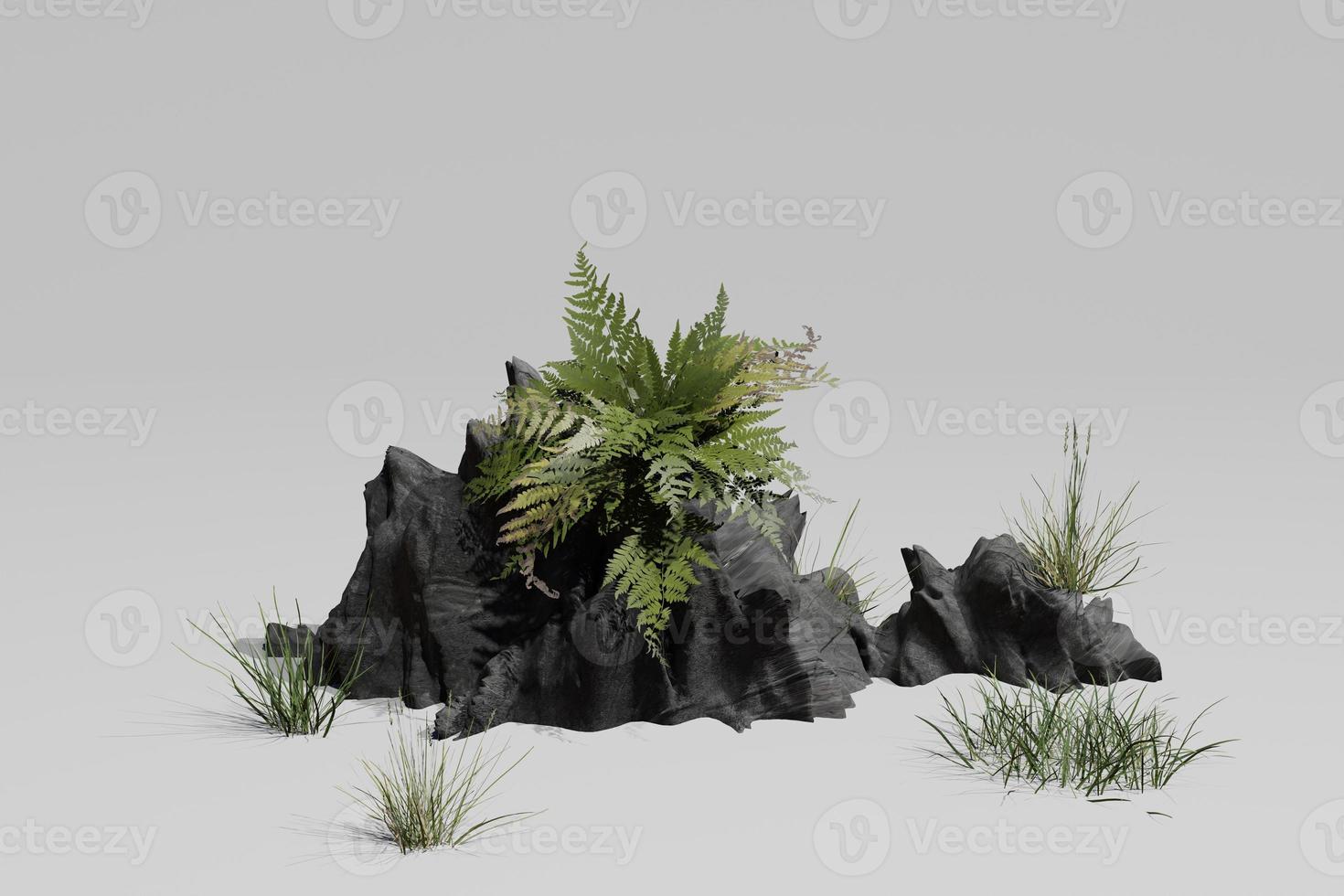 Realistic looking rocks and grass, created with 3D rendering on a white background. photo