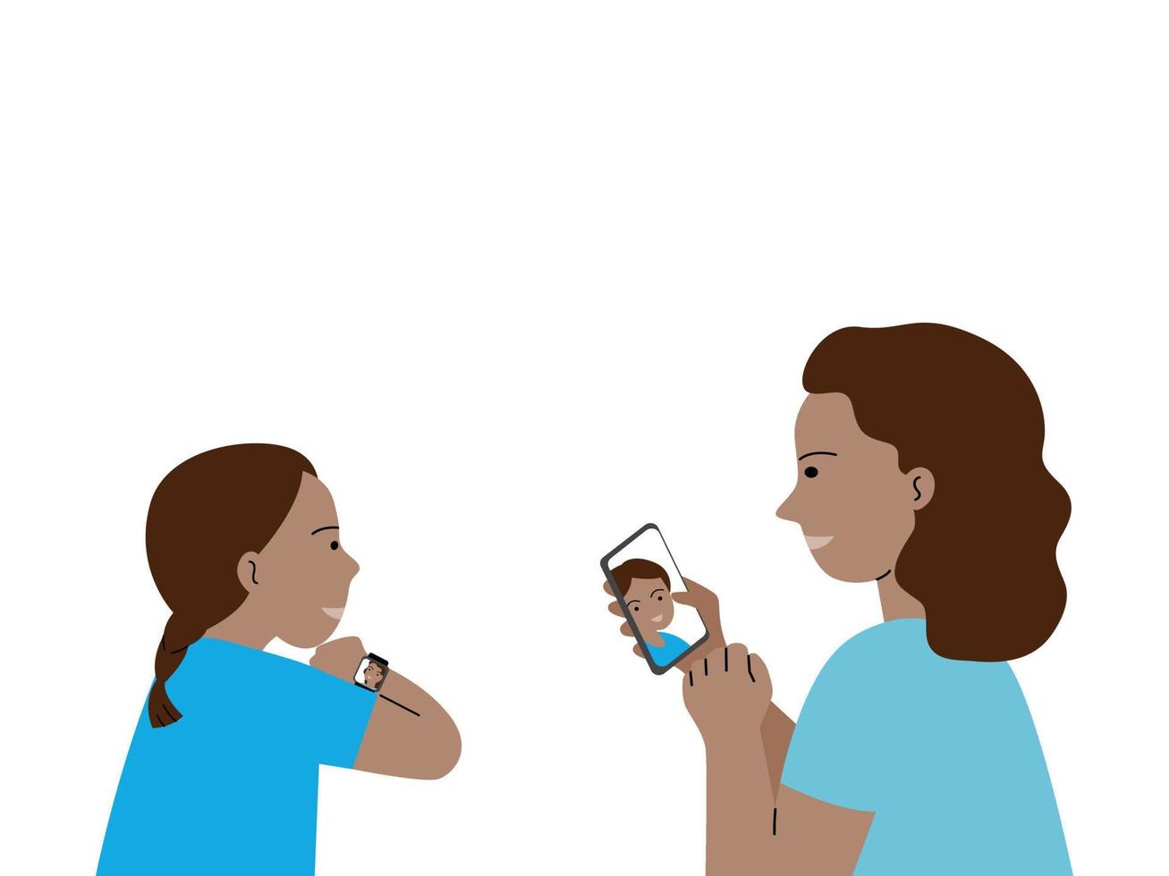 A girl talking with her mom through the smart watch and mobile app. Illustration flat vector. vector