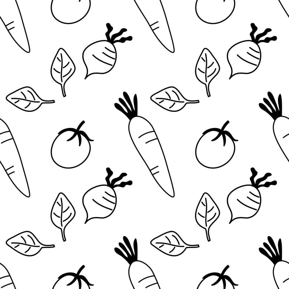 Doodle black and white outline with transparent background, vegetables seamless pattern. vector