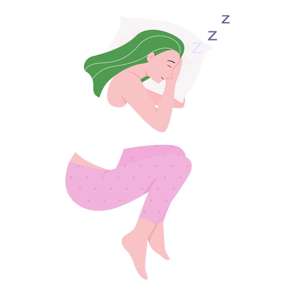 A beautiful woman is comfy sleeping, flat vector illustration.