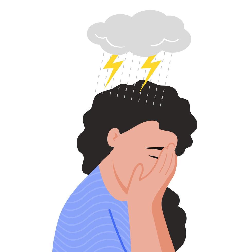 mujer triste con truenos y strom arriba. ilustración vectorial plana. vector