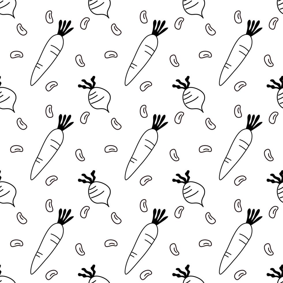 Doodle black and white outline with transparent background, vegetables seamless pattern. vector