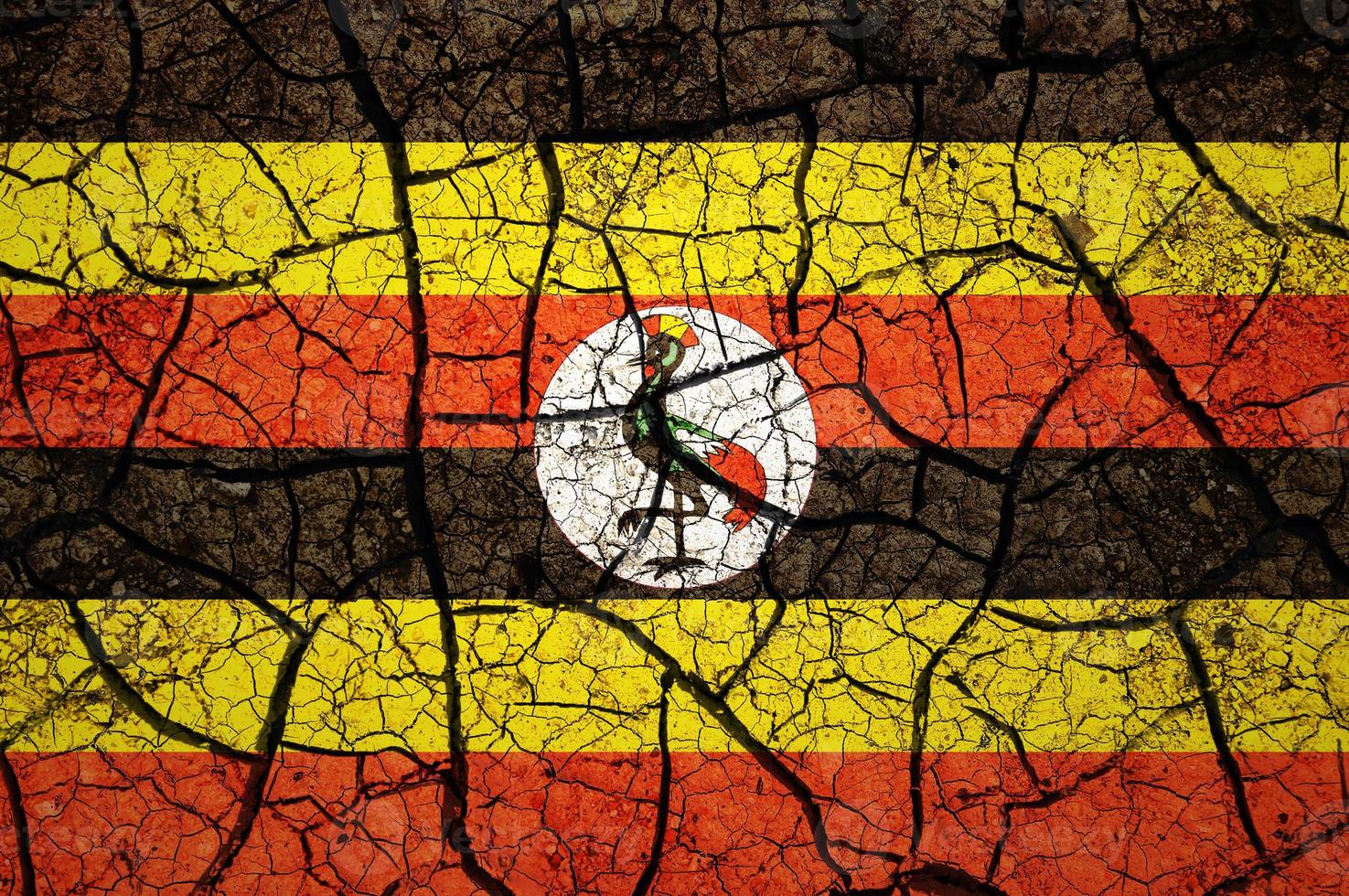 Dry soil pattern on the flag of Uganda. Country with drought concept. Water problem. Dry cracked earth country. photo