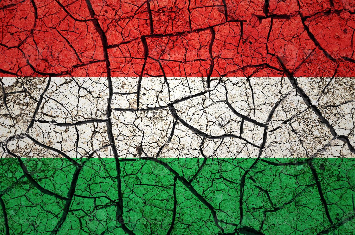 Dry soil pattern on the flag of Hungary. Country with drought concept. Water problem. Dry cracked earth country. photo