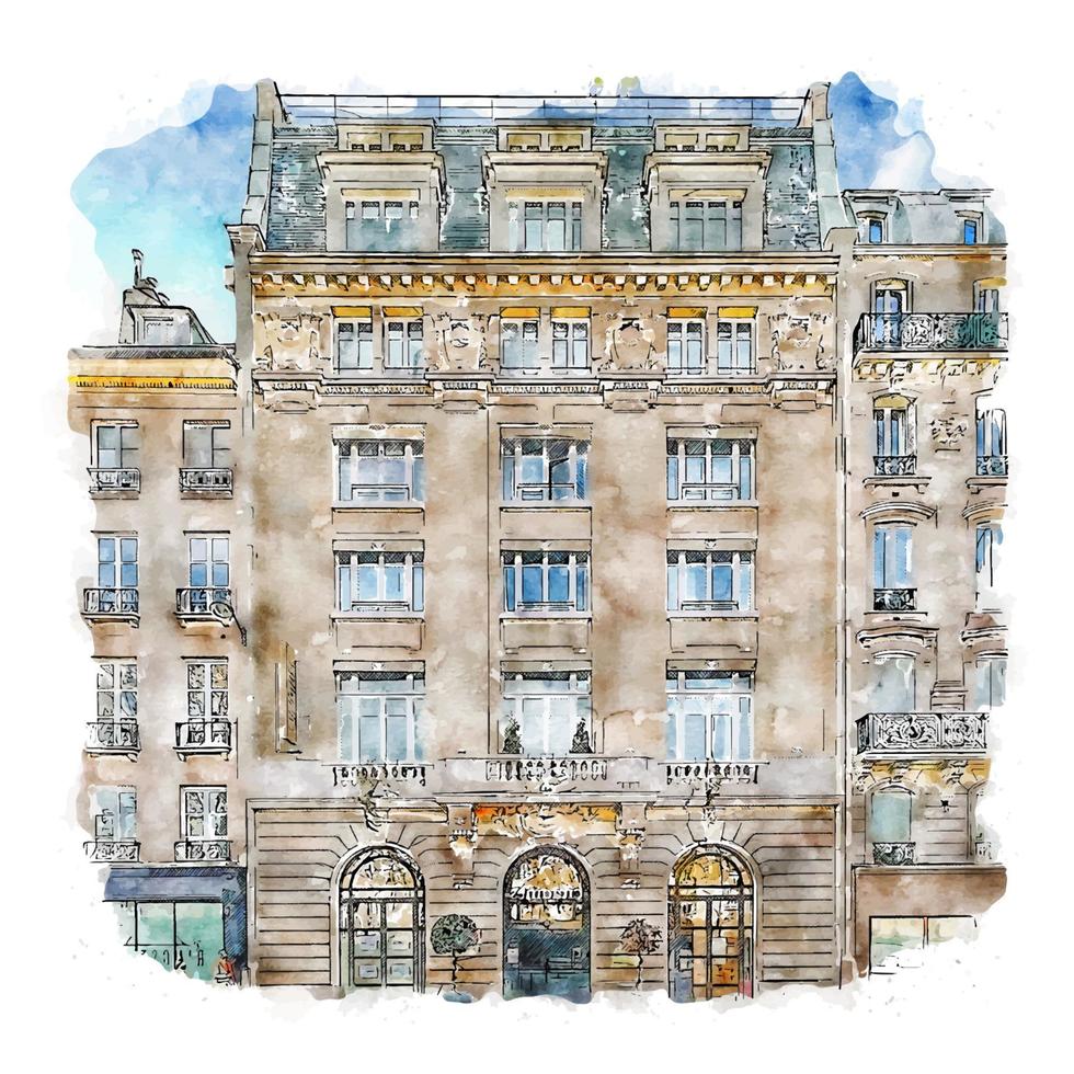 Architecture Paris France Watercolor sketch hand drawn illustration vector