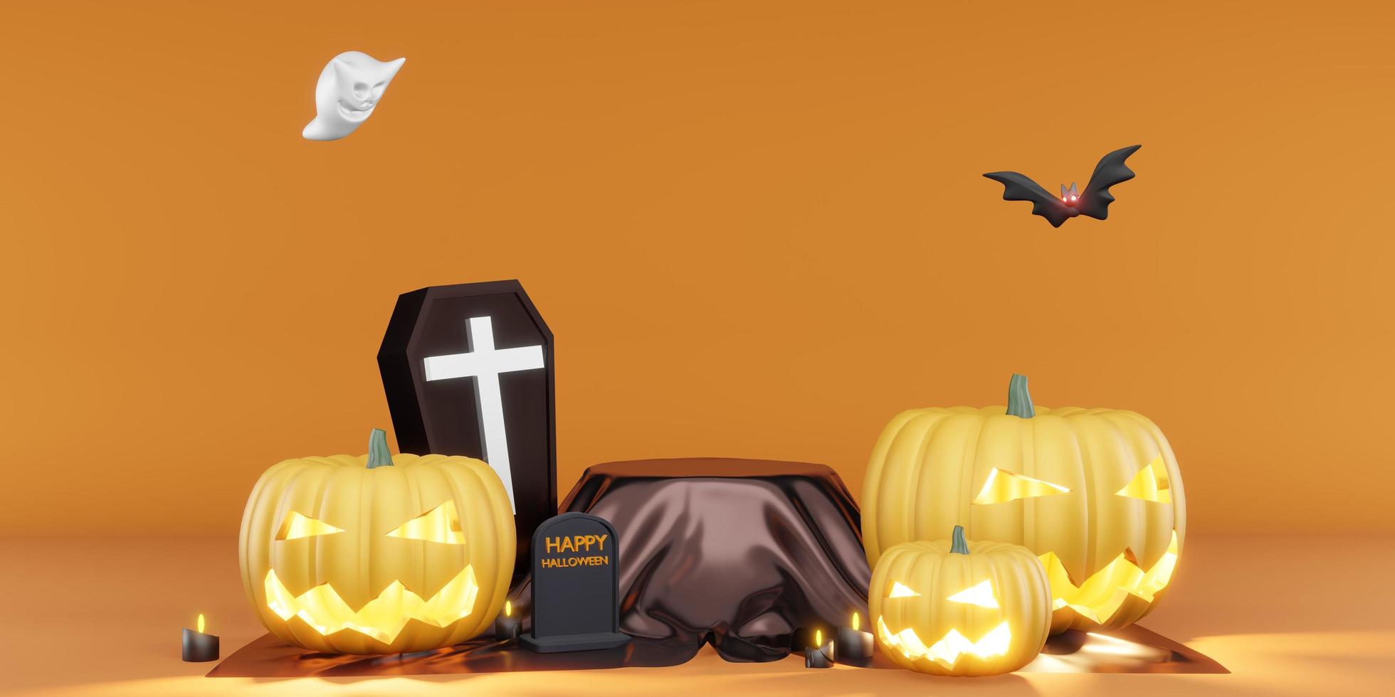 halloween background podium coffin bats and pumpkins 3d illustration photo