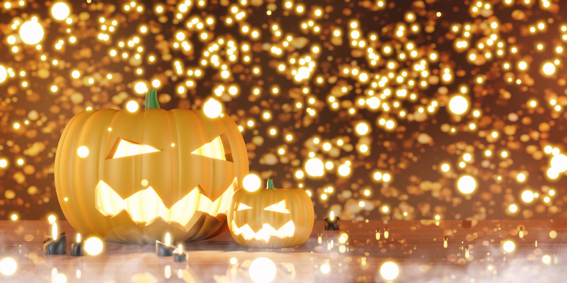 calabaza de fondo de halloween en piso de madera y bokeh ilustración 3d foto