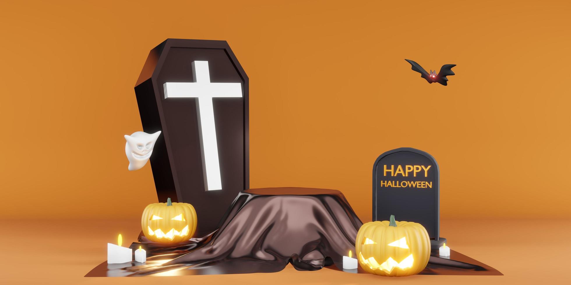 halloween background podium coffin bats and pumpkins 3d illustration photo