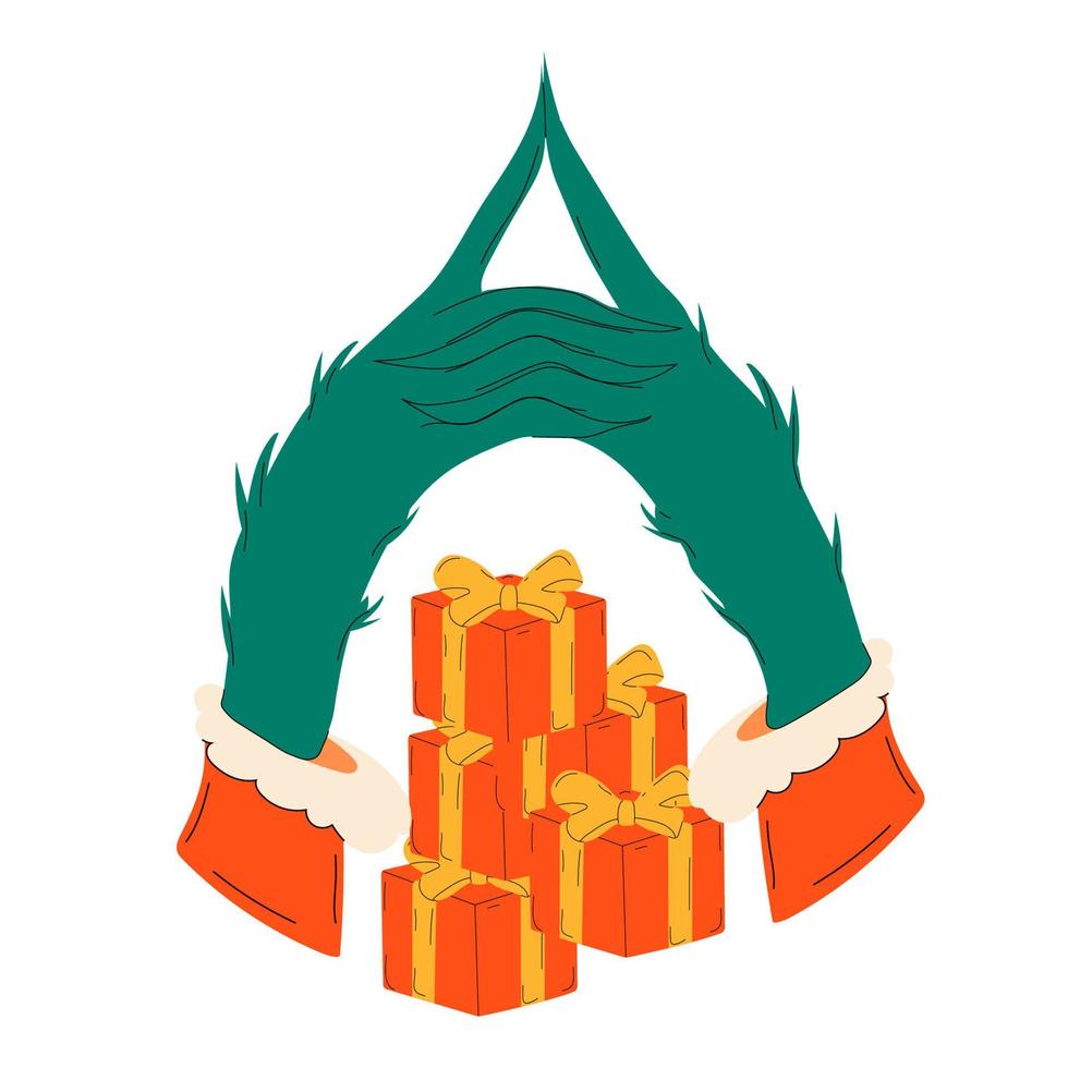 Grinch's hands are folded together over gifts on isolated background, icon vector, clip art vector, hand drawn vector