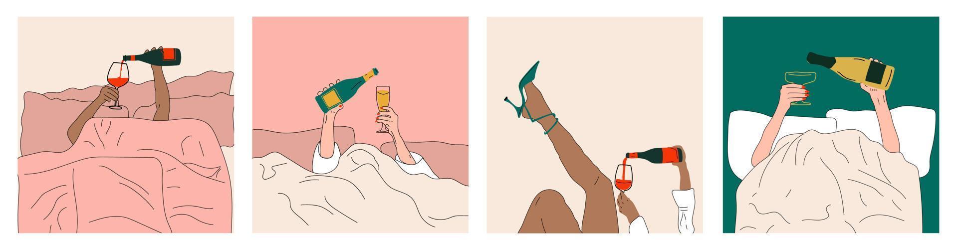 Four fashion illustrations. Hands pouring Champagne and wine into a glass in bed.Morning celebration, Hand drawn vector trendy set. Elegant art.