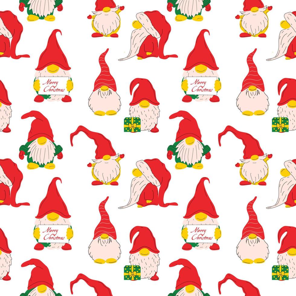 Seamless pattern with Set of Cute Christmas gnomes vector illustration on white background