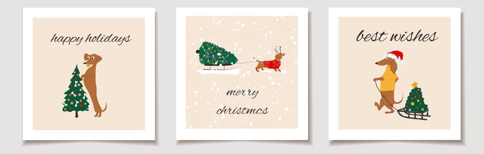 Christmas vector gift card or tag set christmas dachshund dogs with christmas trees merry christmas lettering, best wishes.