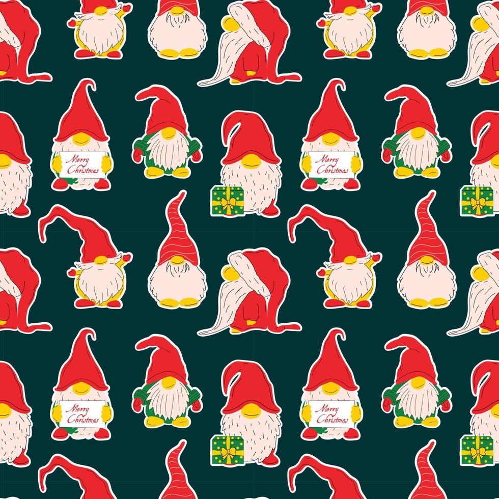 seamless pattern with Set of Cute stickers Christmas gnomes vector illustration on dark background