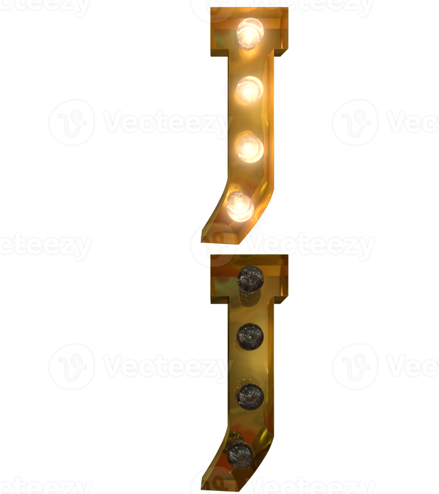 Golden Light bulb letters, typeface in ON and OFF state the character J png