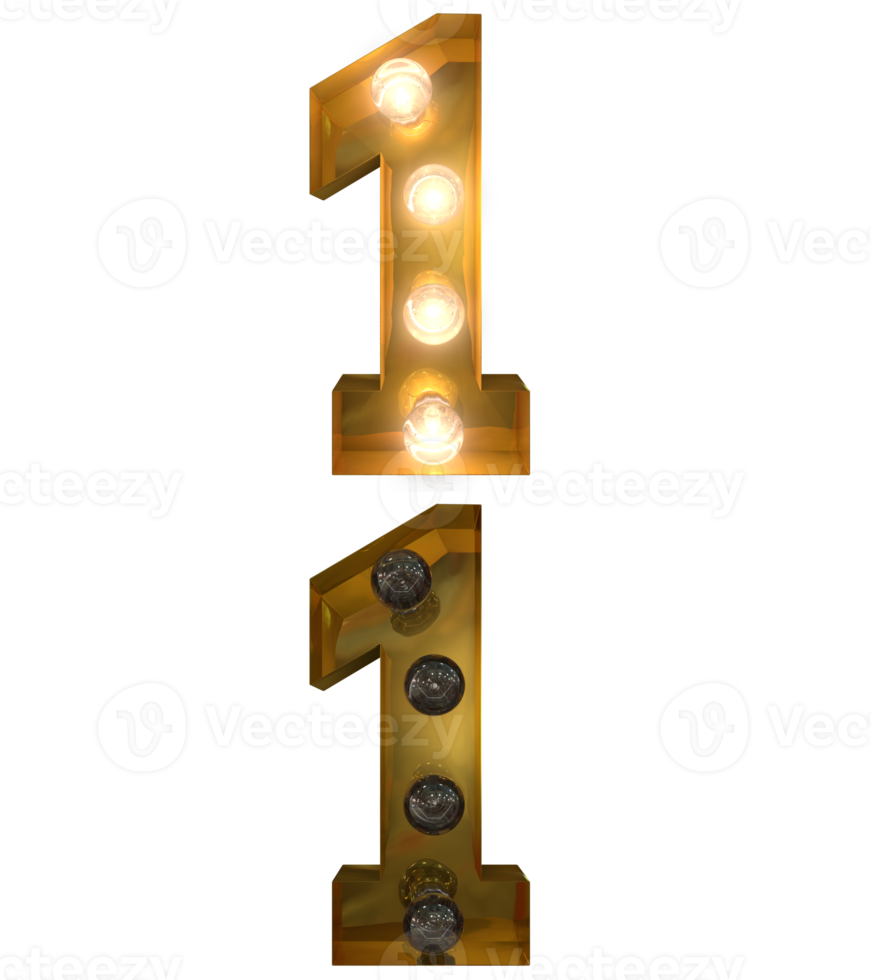 gyllene ljus Glödlampa brev, typsnitt i på och av stat de karaktär 1 png