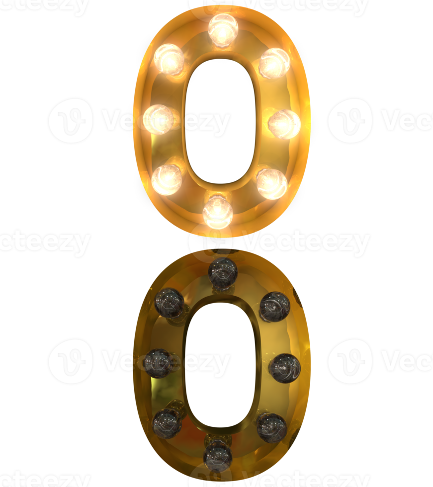 Golden Light bulb letters, typeface in ON and OFF state the character 0 png