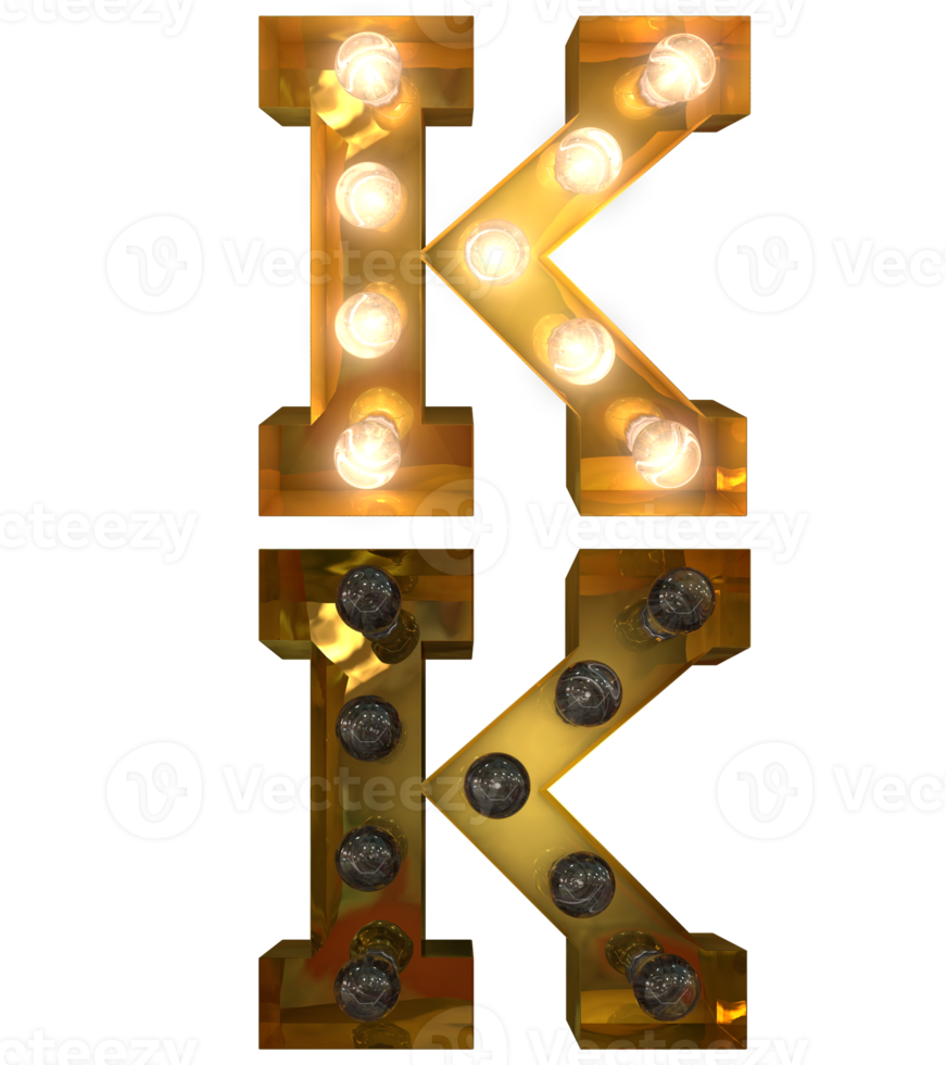 Golden Light bulb letters, typeface in ON and OFF state the character K png