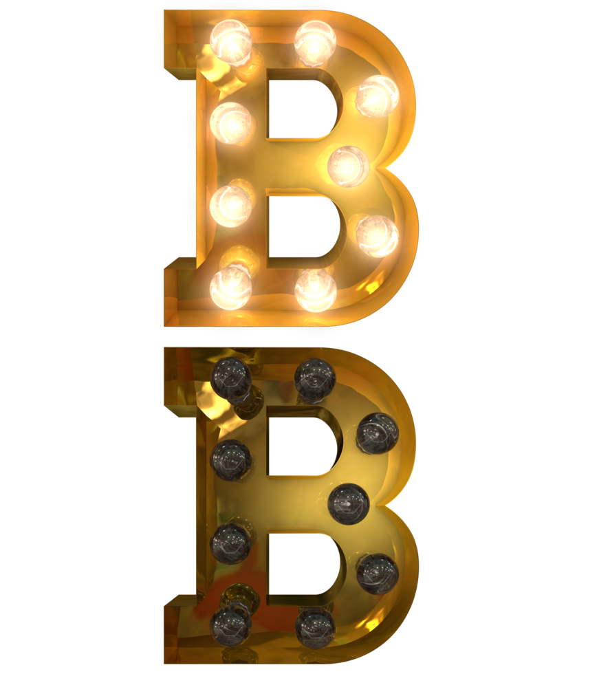 Golden Light bulb letters, typeface in ON and OFF state the character B png