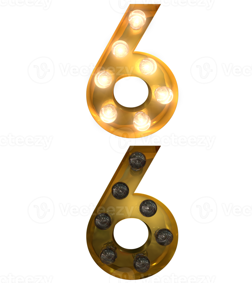 Golden Light bulb letters, typeface in ON and OFF state the character 6 png
