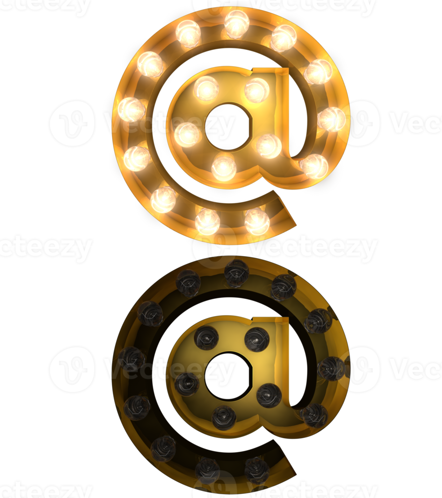 Golden Light bulb letters, typeface in ON and OFF state the character AT png