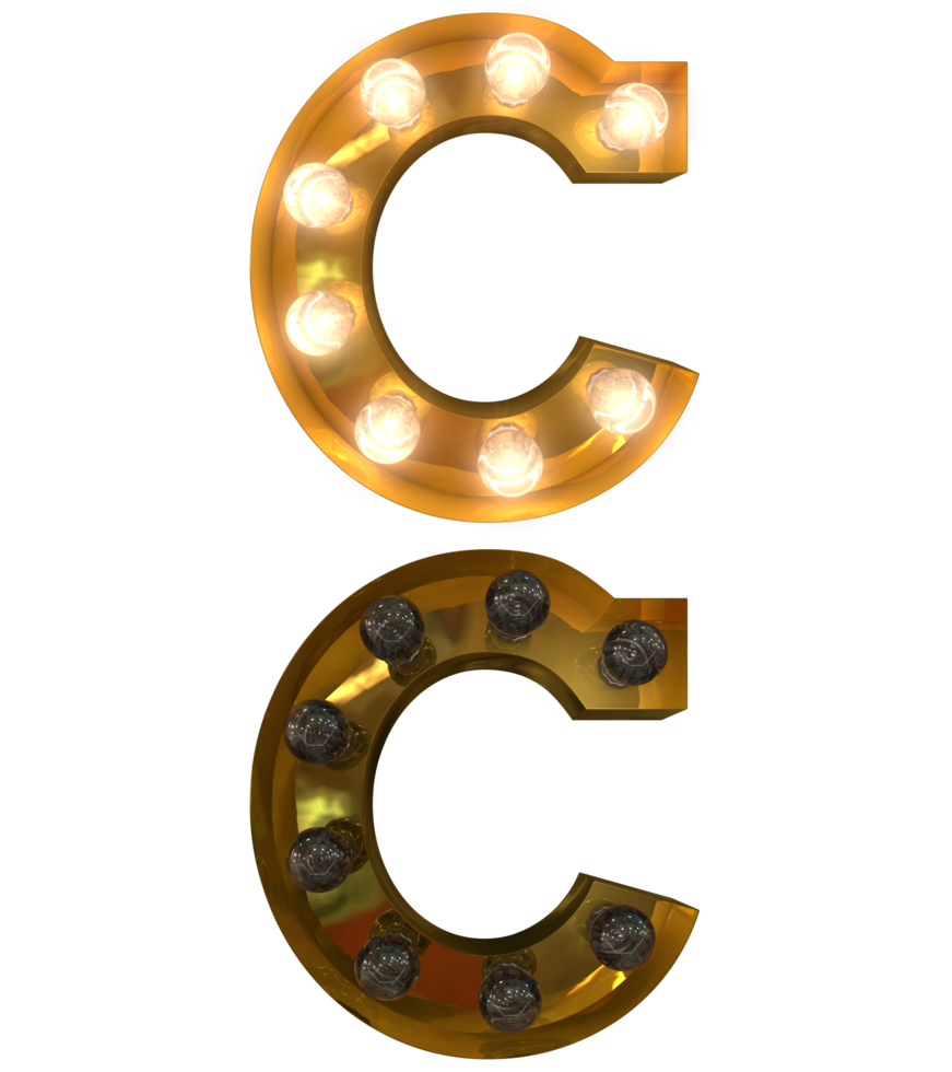 Golden Light bulb letters, typeface in ON and OFF state the character C png