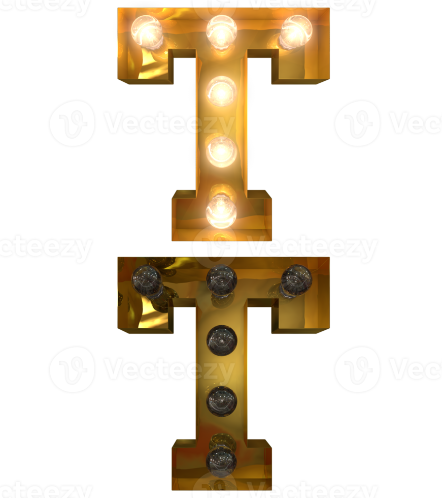 Golden Light bulb letters, typeface in ON and OFF state the character T png