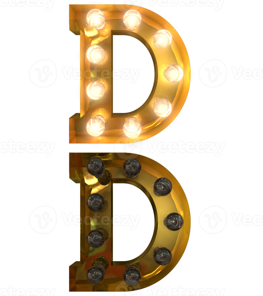 Golden Light bulb letters, typeface in ON and OFF state the character D png