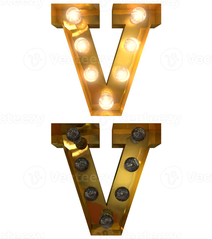 Golden Light bulb letters, typeface in ON and OFF state the character V png