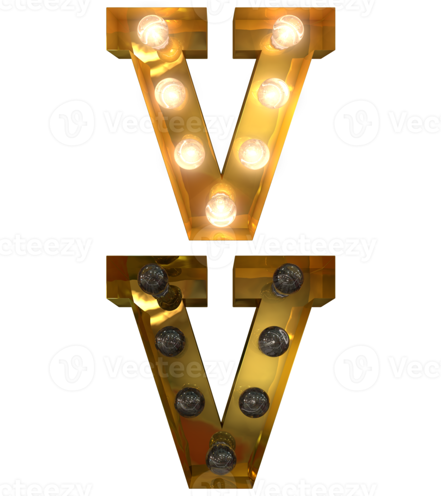letras de bombilla dorada, tipo de letra dentro y fuera del estado del carácter v png