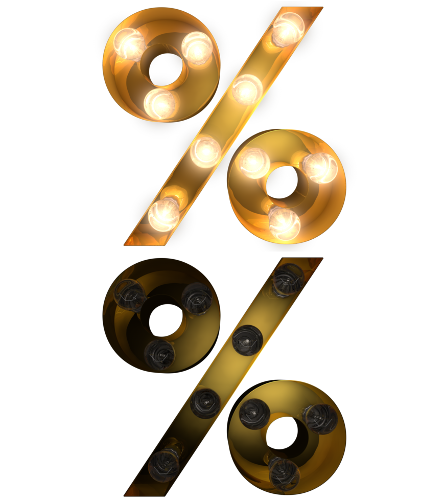 Golden Light bulb letters, typeface in ON and OFF state the character percent png