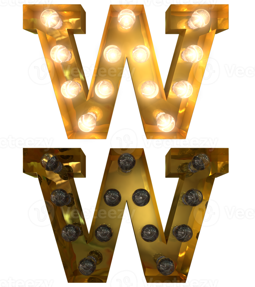 Golden Light bulb letters, typeface in ON and OFF state the character W png