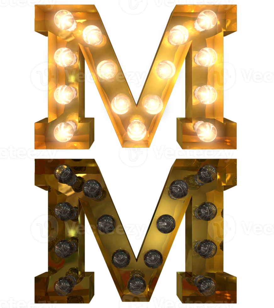 Golden Light bulb letters, typeface in ON and OFF state the character M png