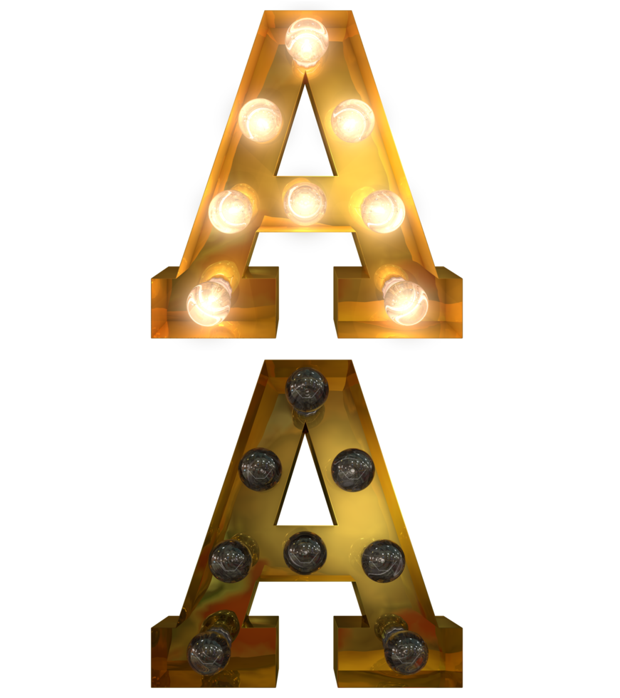 Golden Light bulb letters, typeface in ON and OFF state the character A png