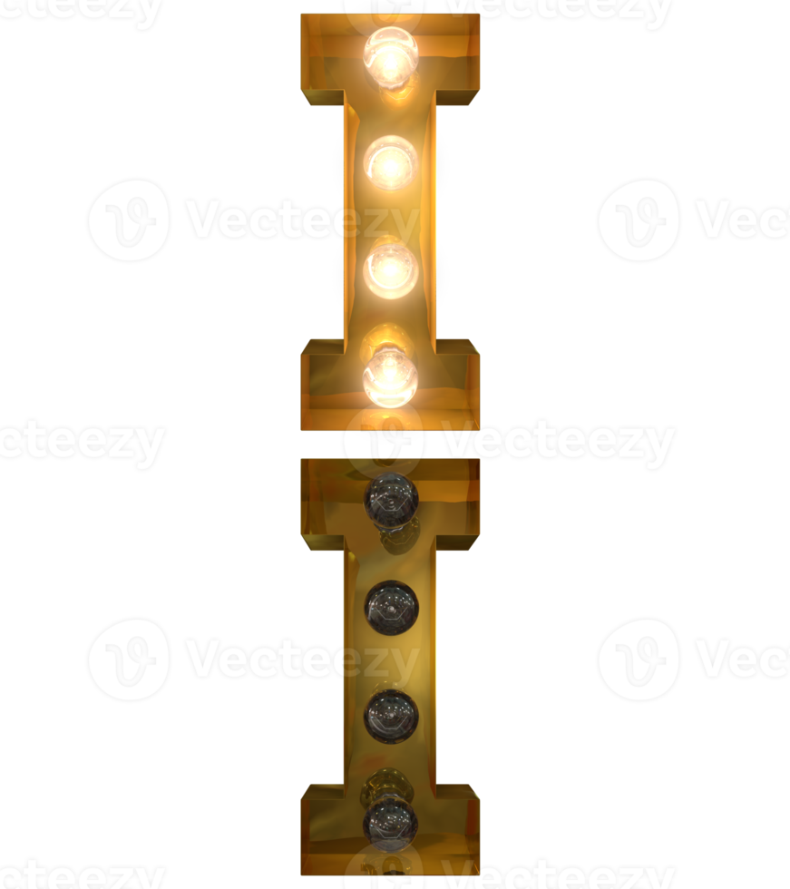 Golden Light bulb letters, typeface in ON and OFF state the character I png