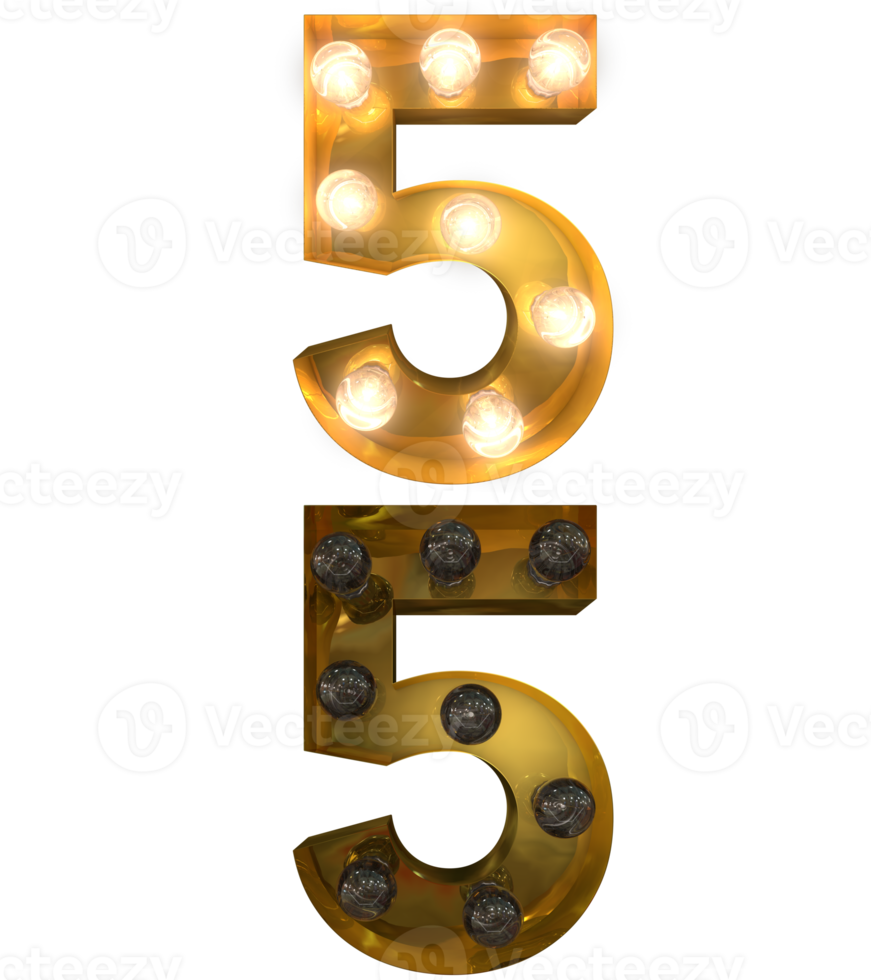 Golden Light bulb letters, typeface in ON and OFF state the character 5 png