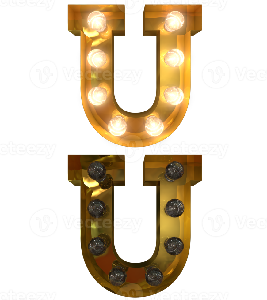 Golden Light bulb letters, typeface in ON and OFF state the character U png