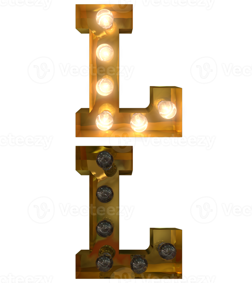 Golden Light bulb letters, typeface in ON and OFF state the character L png