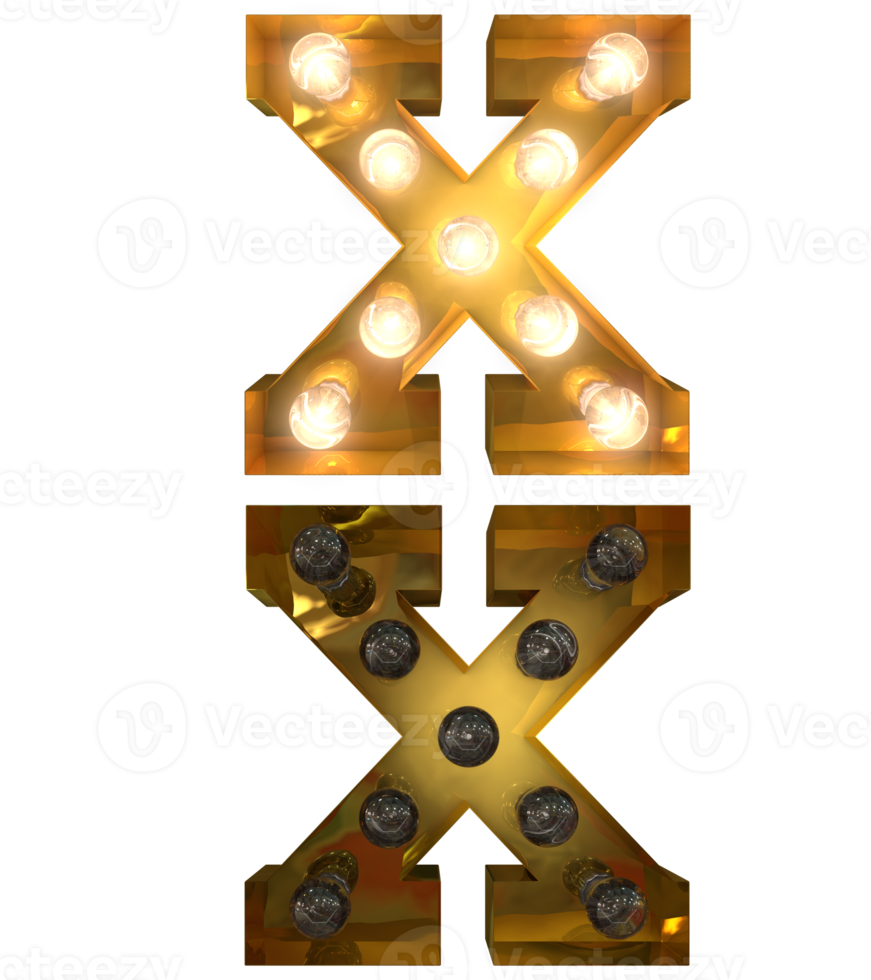 Golden Light bulb letters, typeface in ON and OFF state the character X png