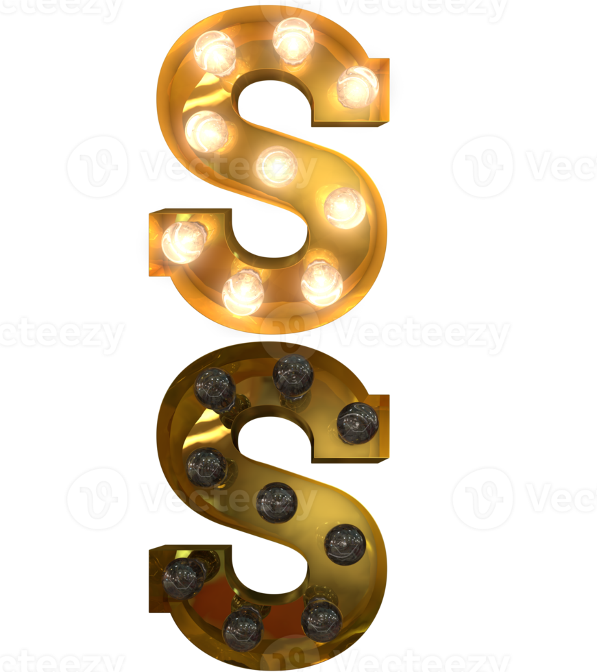 Golden Light bulb letters, typeface in ON and OFF state the character S png