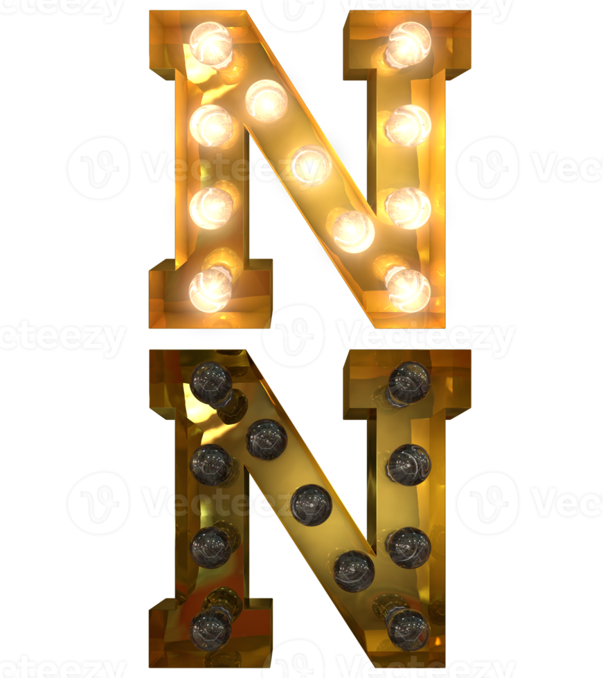 Golden Light bulb letters, typeface in ON and OFF state the character N png