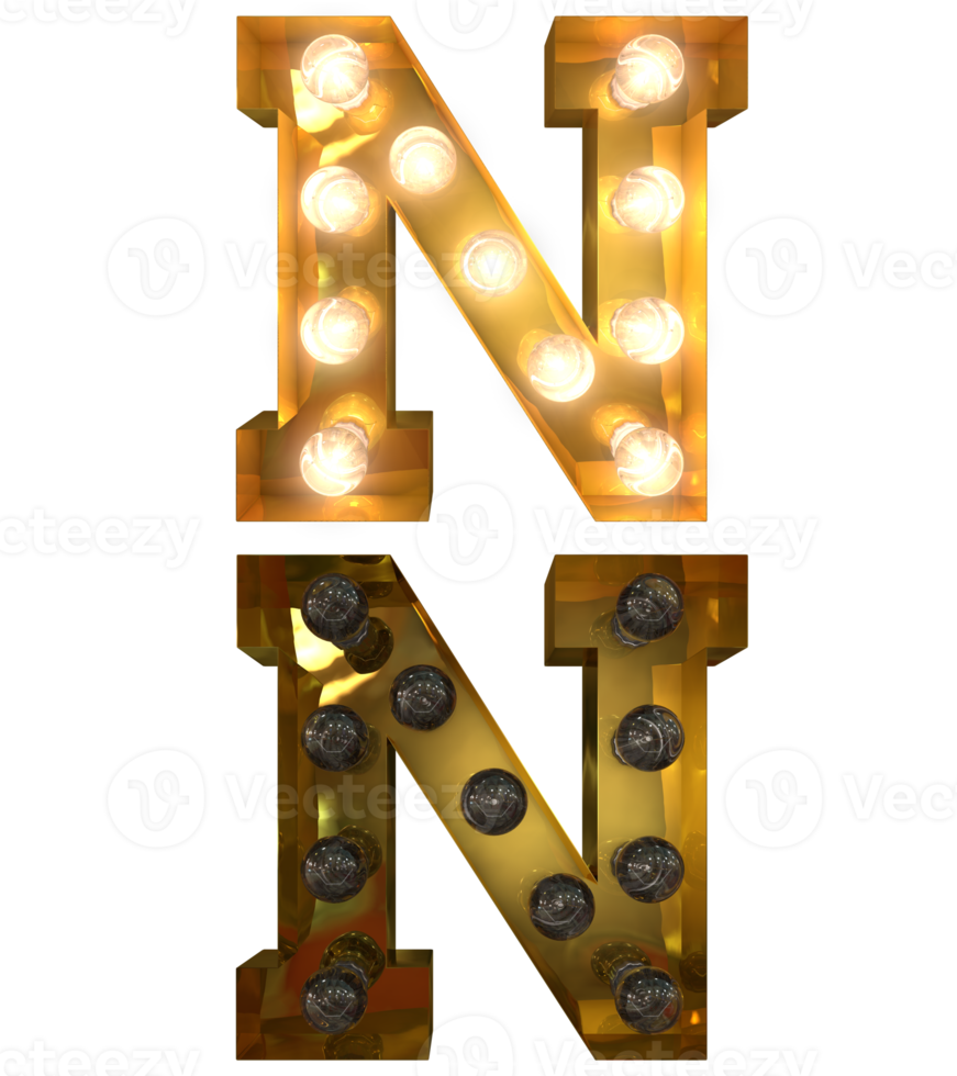 letras de bombillas doradas, tipo de letra encendido y apagado indica el carácter n png