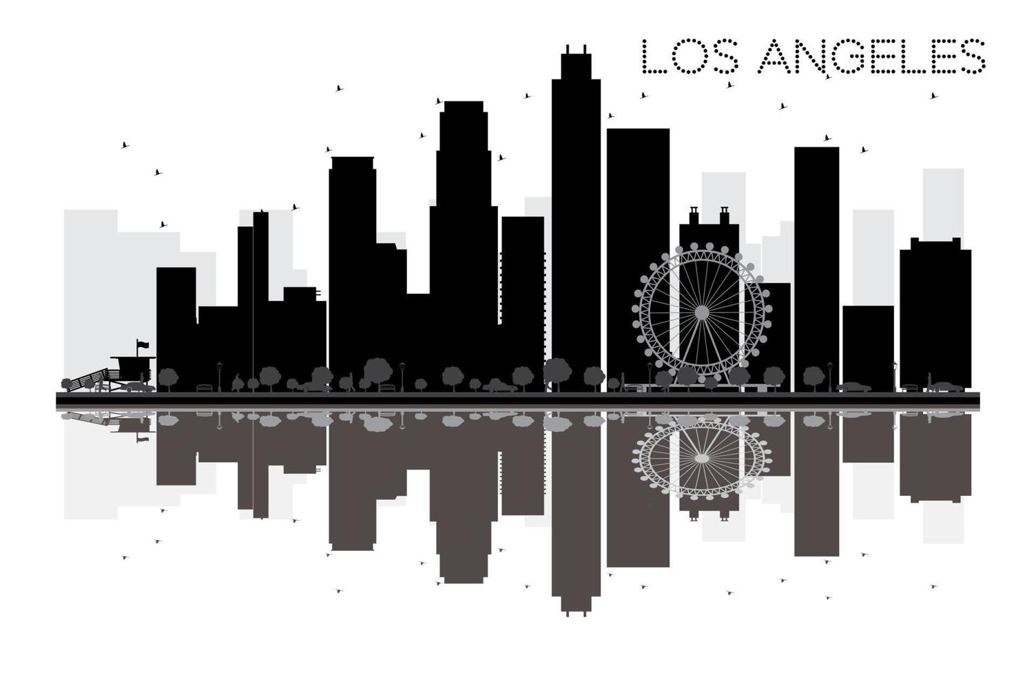 silueta en blanco y negro del horizonte de la ciudad de los ángeles con reflejo. vector