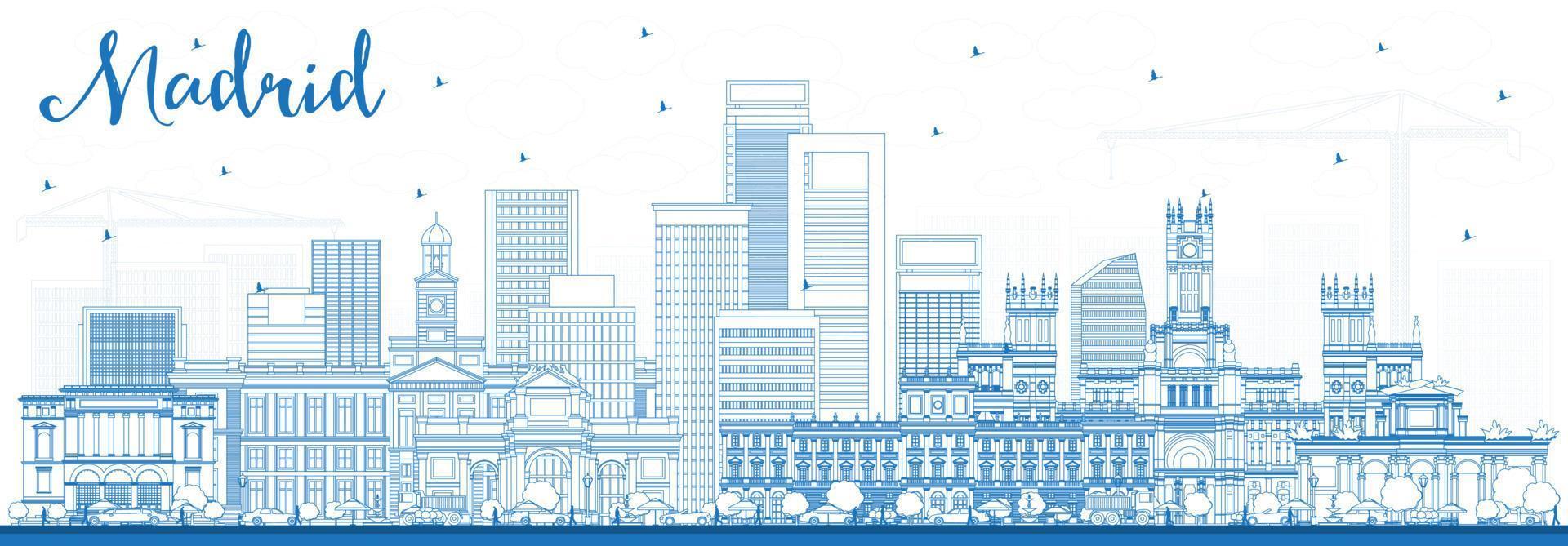 Outline Madrid Spain Skyline with Blue Buildings. vector