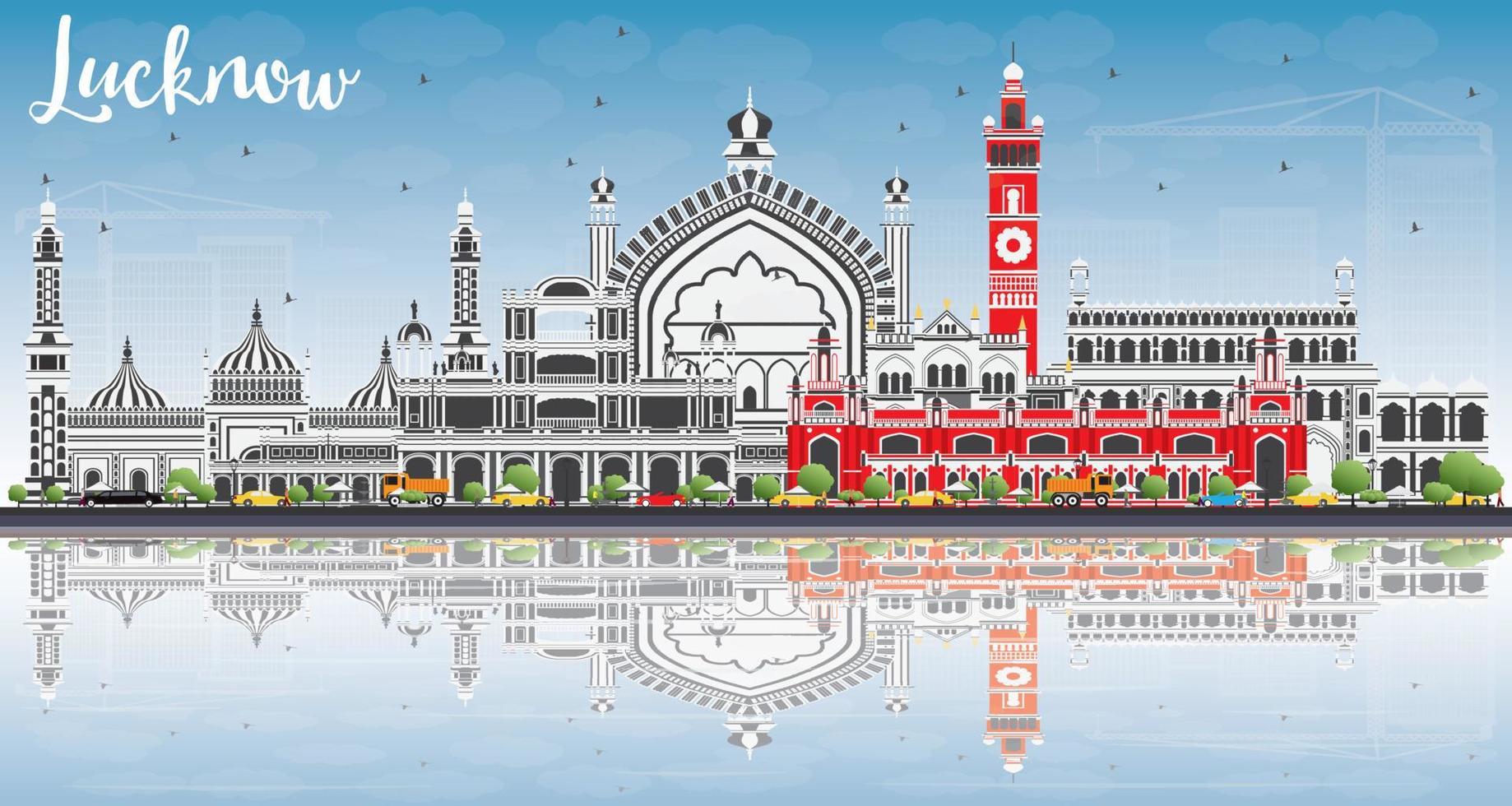 Lucknow Skyline with Gray Buildings, Blue Sky and Reflections. vector