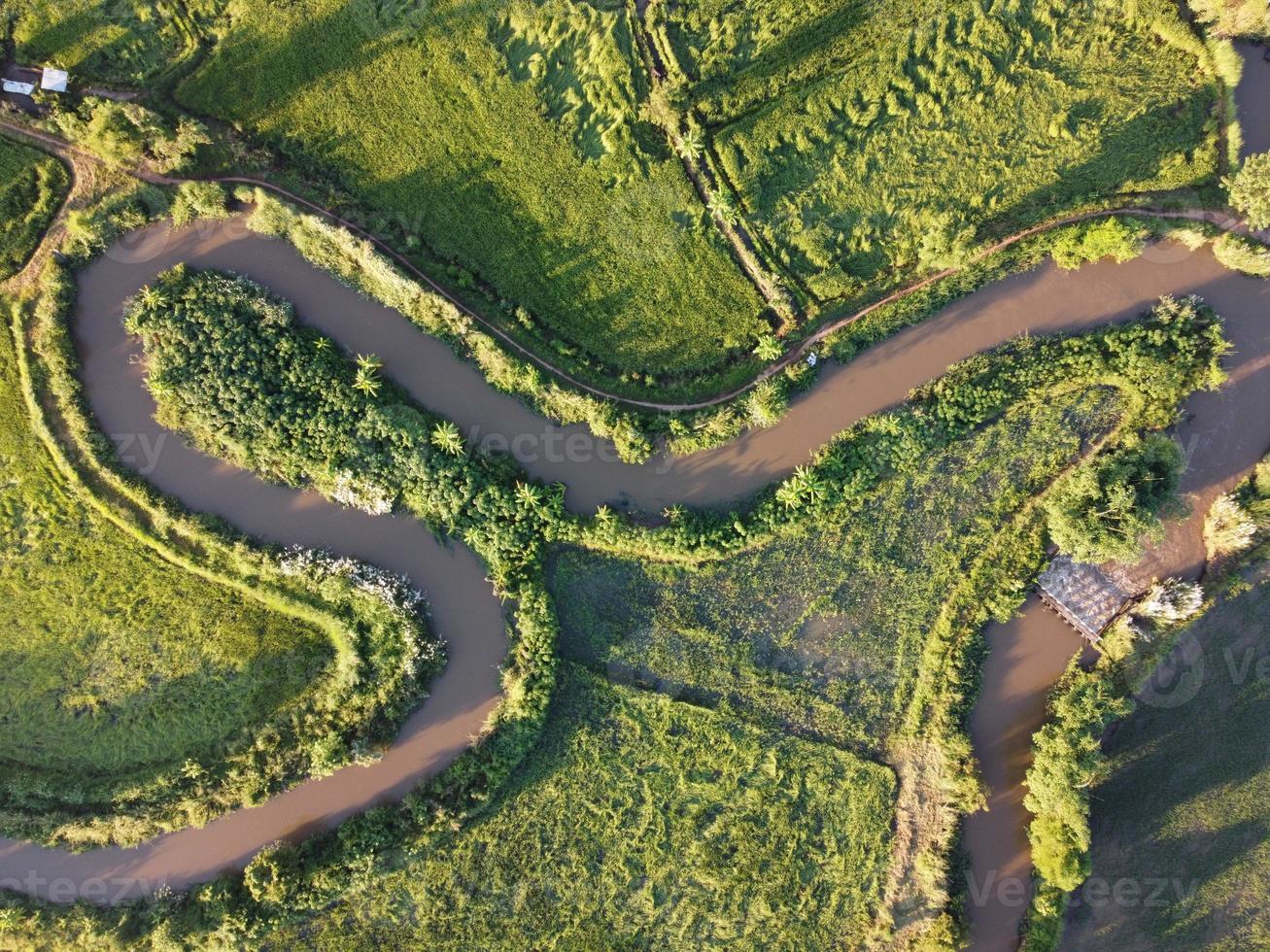 los arroyos serpentean en las zonas agrícolas durante la temporada de lluvias con abundante agua. verde y cálido en el sol de la mañana. foto