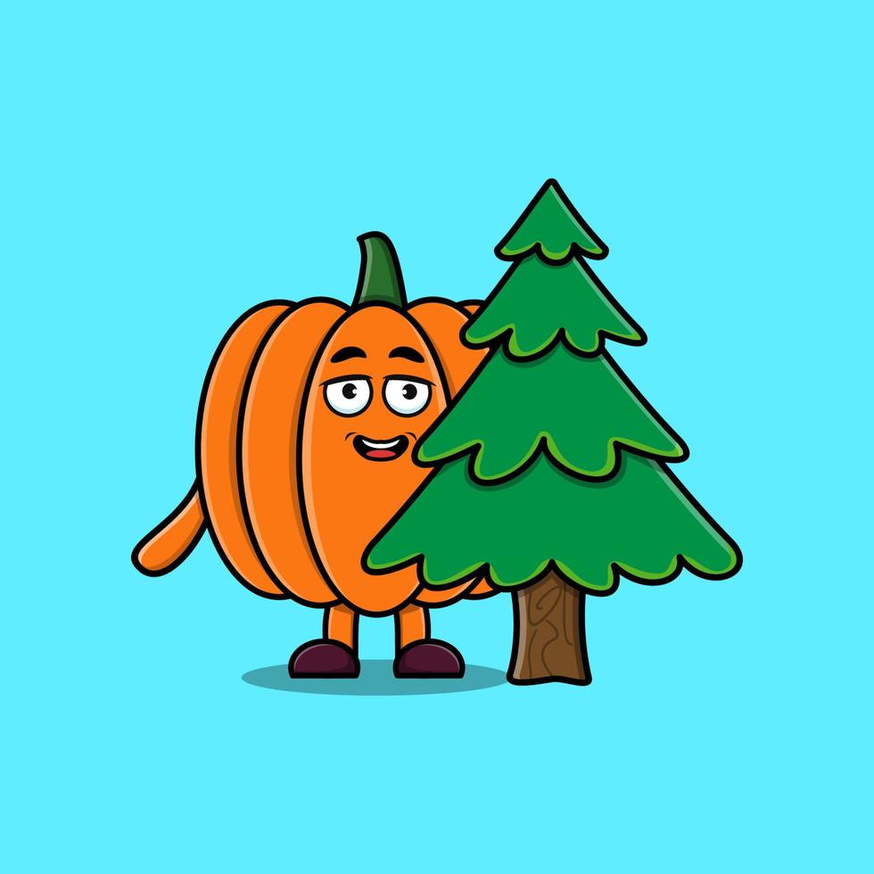 lindo personaje de calabaza de dibujos animados árbol escondido vector