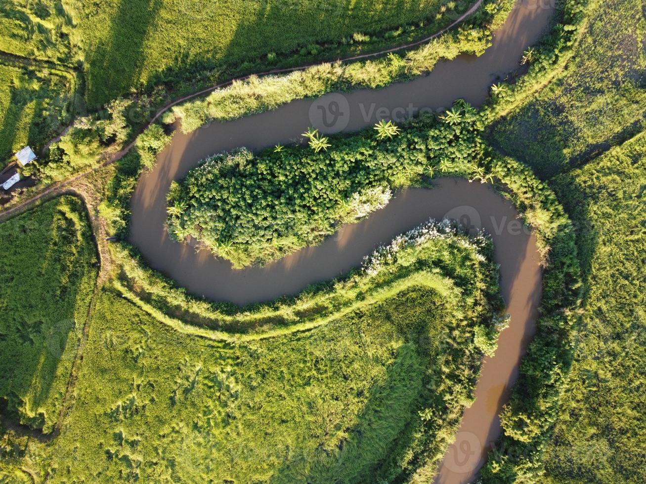 Streams meander in agricultural areas during the rainy season with plenty of water. Green and warm in the morning sunshine. photo