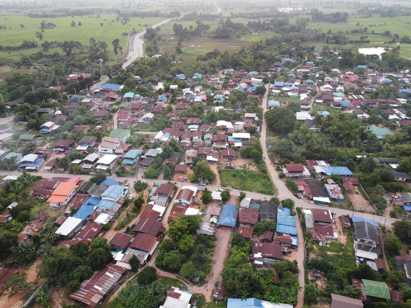 aerial photograph of rural communities in the morning sunrise photo