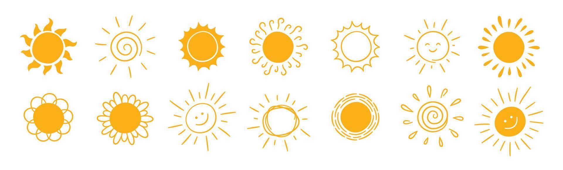 Doodle different sun icons set. Scribble yellow sun with rays symbols. Doodle children drawings collection. Hand drawn burst. Hot weather sign. Vector illustration isolated on white background