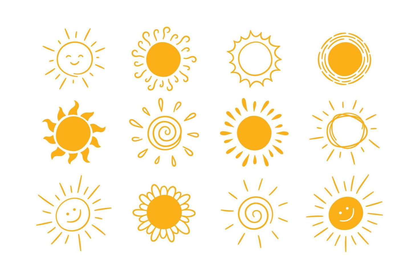 Doodle different sun icons set. Scribble yellow sun with rays symbols. Doodle children drawings collection. Hand drawn burst. Hot weather sign. Vector illustration isolated on white background